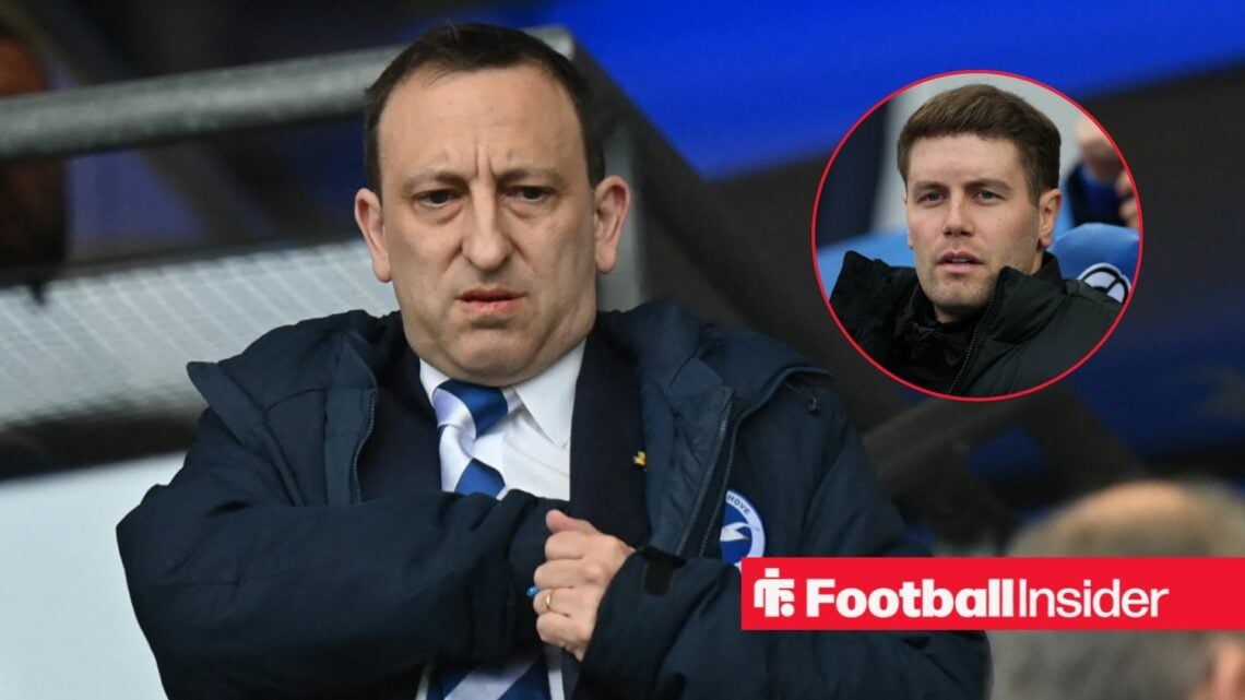 Tony Bloom looking concerned with Fabian Hurzeler included in a circular inset