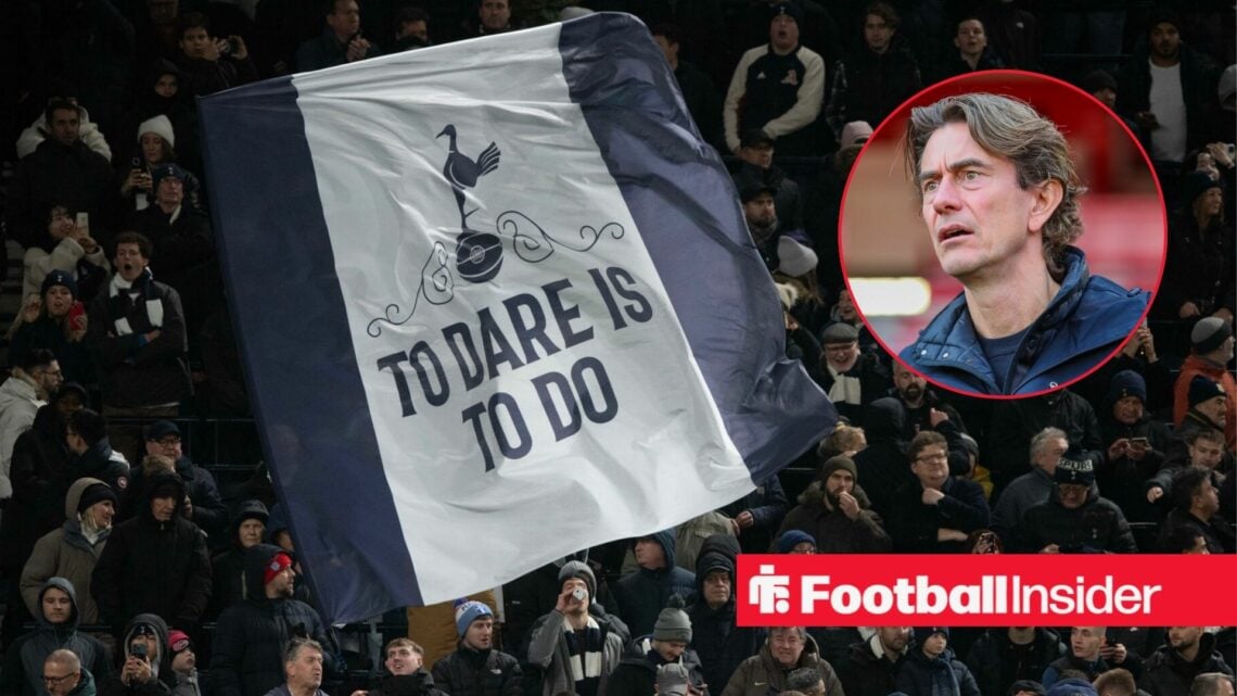 Tottenham fans wave a giant flag in the stands as manager Thomas Frank looks pained in a circular inset.