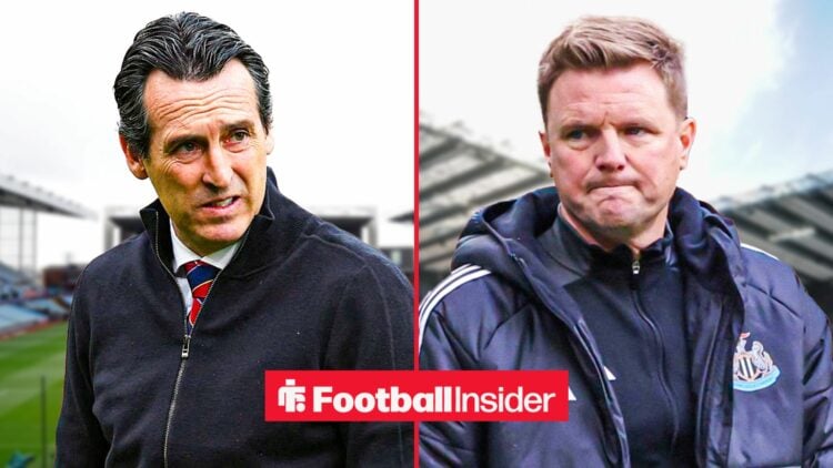 Unai Emery looking concerned alongside Eddie Howe looking disappointed