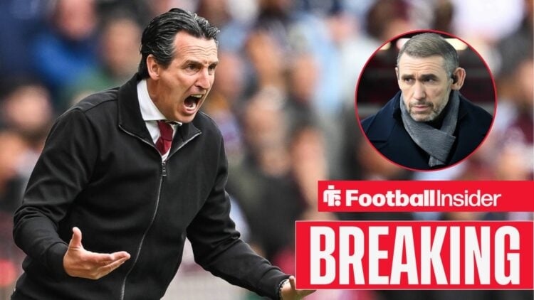 Unai Emery screaming, Martin Keown in a circular inset