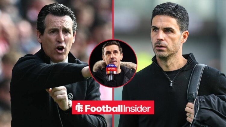Unai Emery and Mikel Arteta side-by-side, Gary Neville in a circular inset