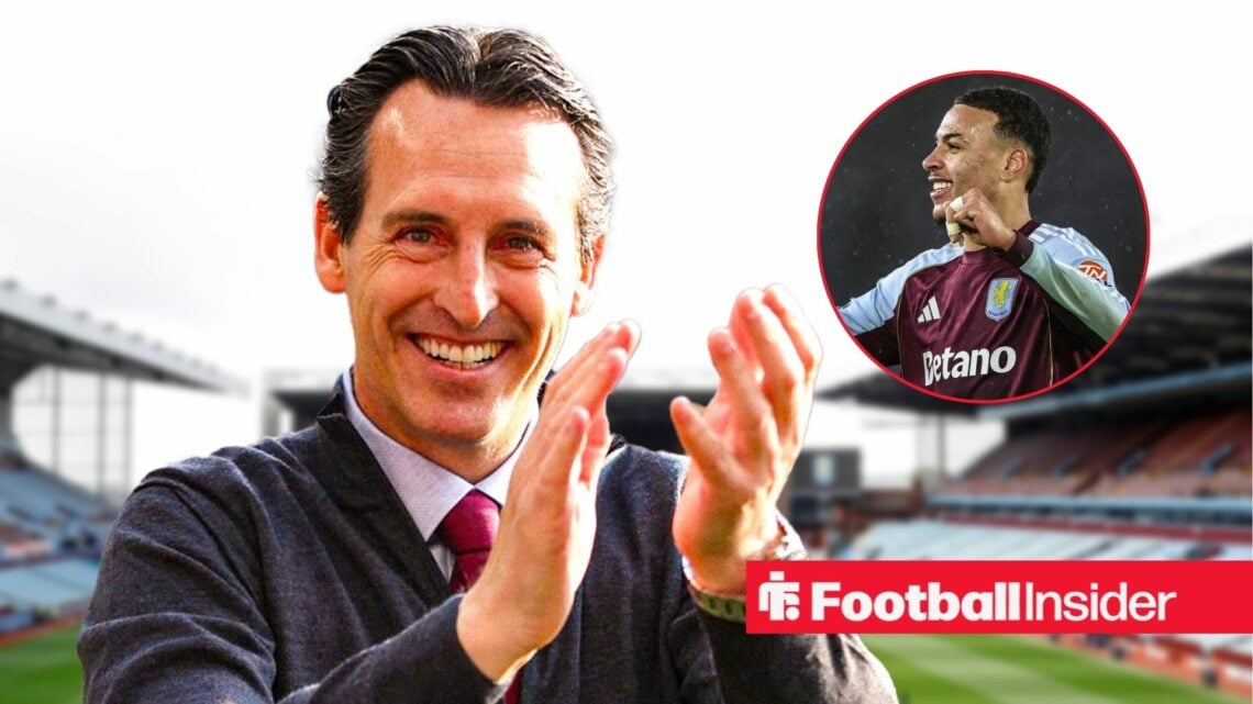 Unai Emery clapping with Morgan Rogers included in a circular inset