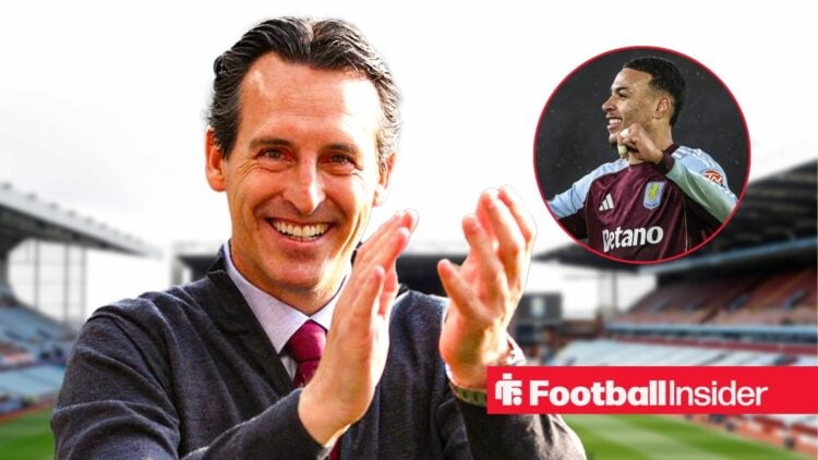 Unai Emery clapping with Morgan Rogers included in a circular inset