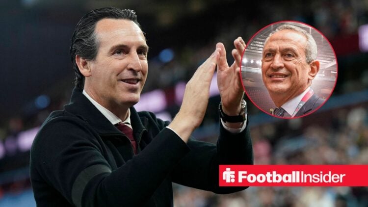 Unai Emery clapping with Nassef Sawiris included in a circular inset
