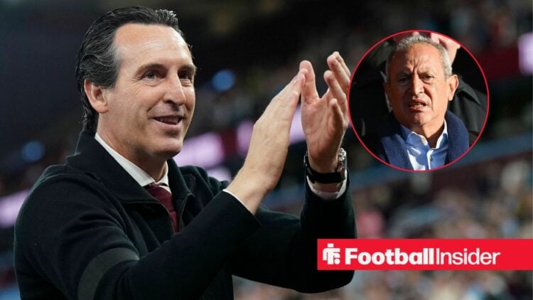 Unai Emery clapping at Villa Park with Nassef Sawiris included in a circular inset