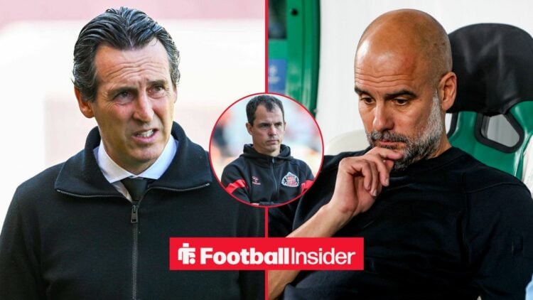 Unai Emery and Pep Guardiola side-by-side, Regis Le Bris in a circular inset