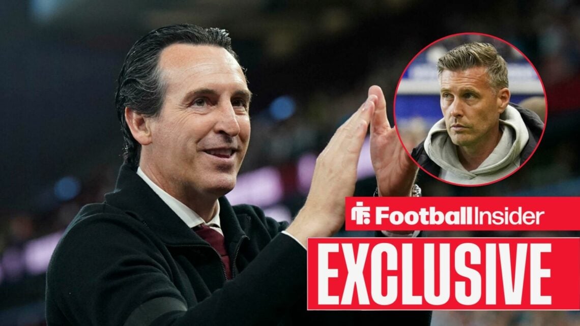 Unai Emery applauding at Aston Villa, with Wolves boss Rob Edwards in a circular inset