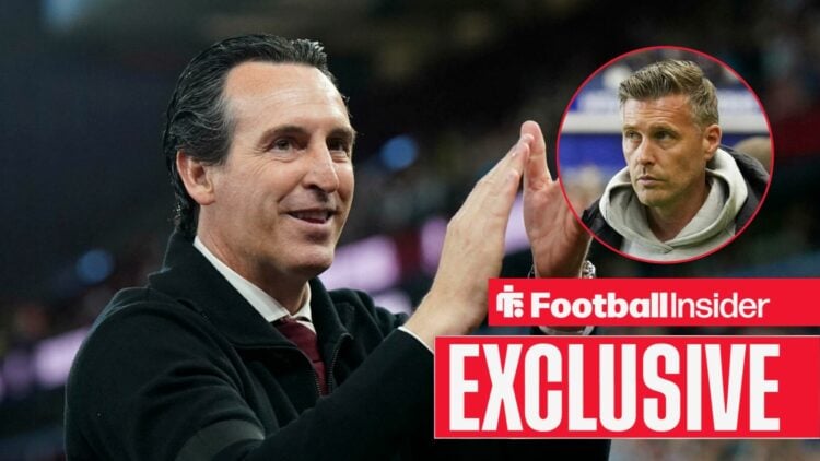 Unai Emery applauding at Aston Villa, with Wolves boss Rob Edwards in a circular inset