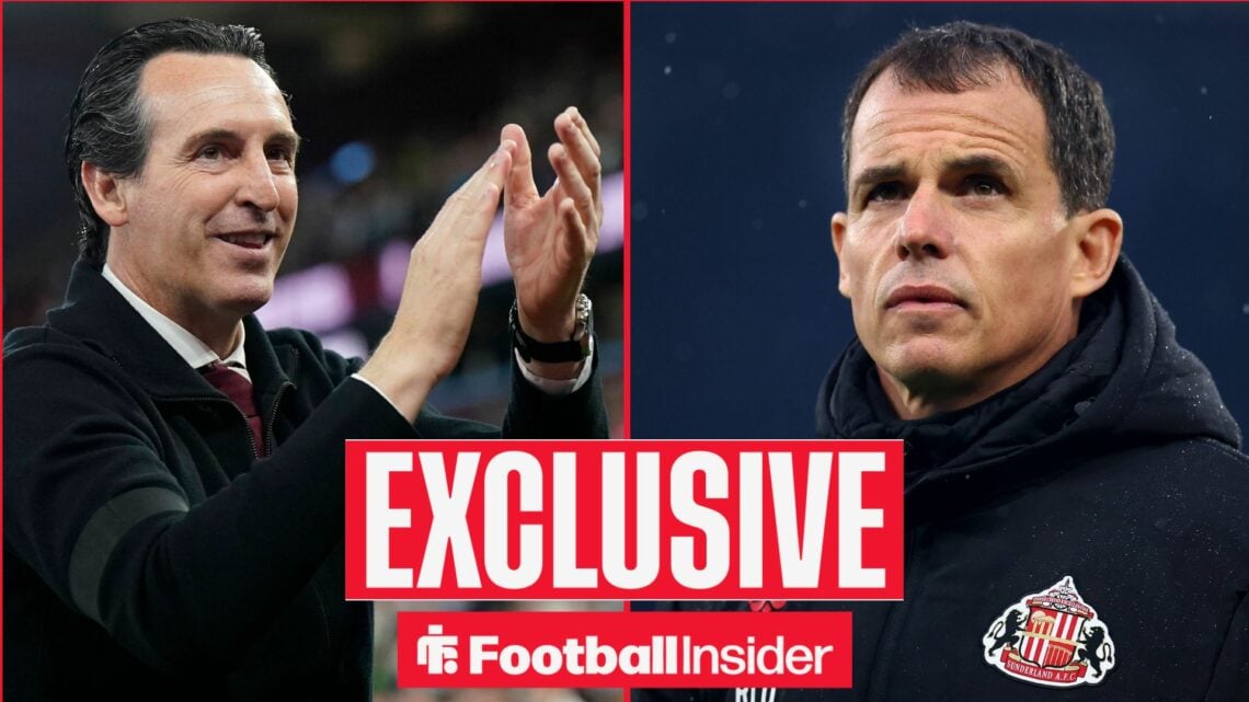 Unai Emery clapping on the left for Aston Villa and Regis Le Bris looking focused on the right for Sunderland