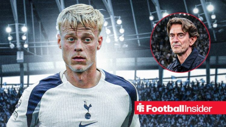 Jan Paul Van Hecke in a Tottenham shirt, with Thomas Frank in a circular inset