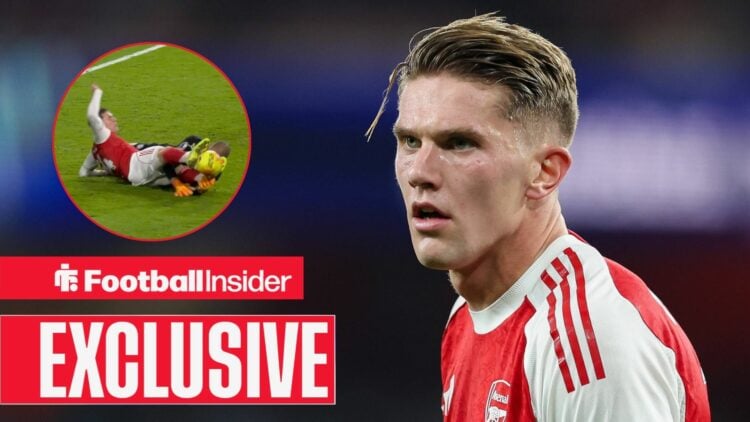 Viktor Gyokeres in an Arsenal kit, striker's challenge on Robert Sanchez in a circular inset