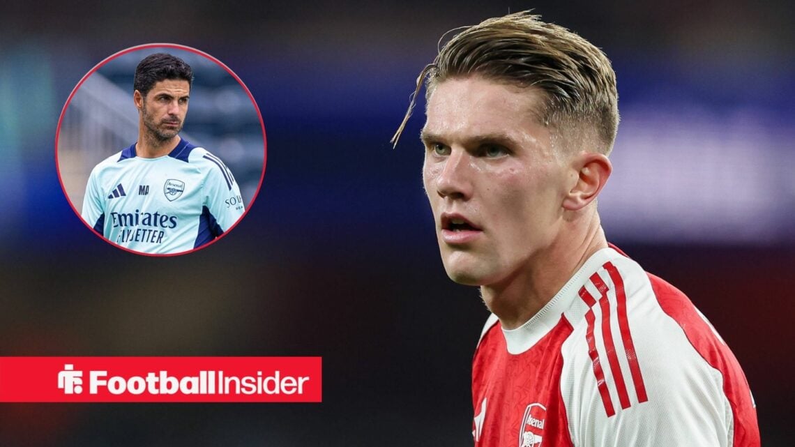 Viktor Gyokeres playing for Arsenal, Mikel Arteta in a circular inset