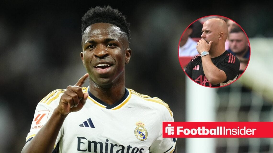 Vinicius Junior in a Real Madrid shirt with Arne Slot included in a circular inset