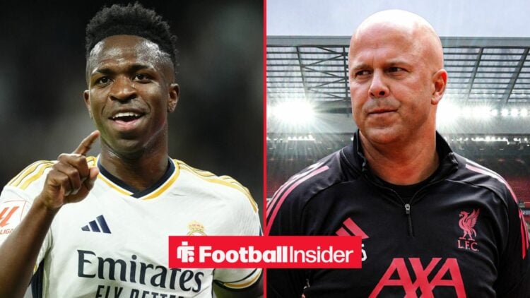 Vinicius Junior in a Real Madrid shirt alongside Arne Slot looking concerned