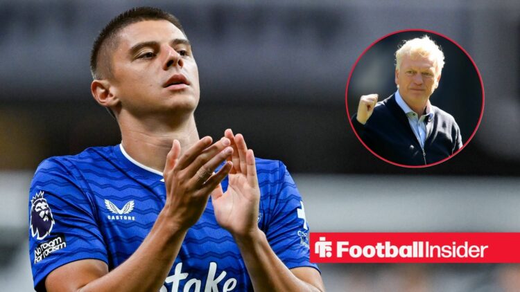 Vitalii Mykolenko clapping, David Moyes in a circular inset