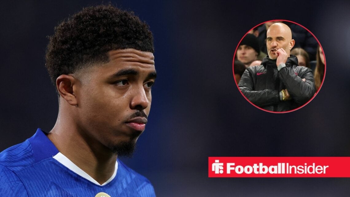 Wesley Fofana playing for Chelsea, Enzo Maresca in a circular inset