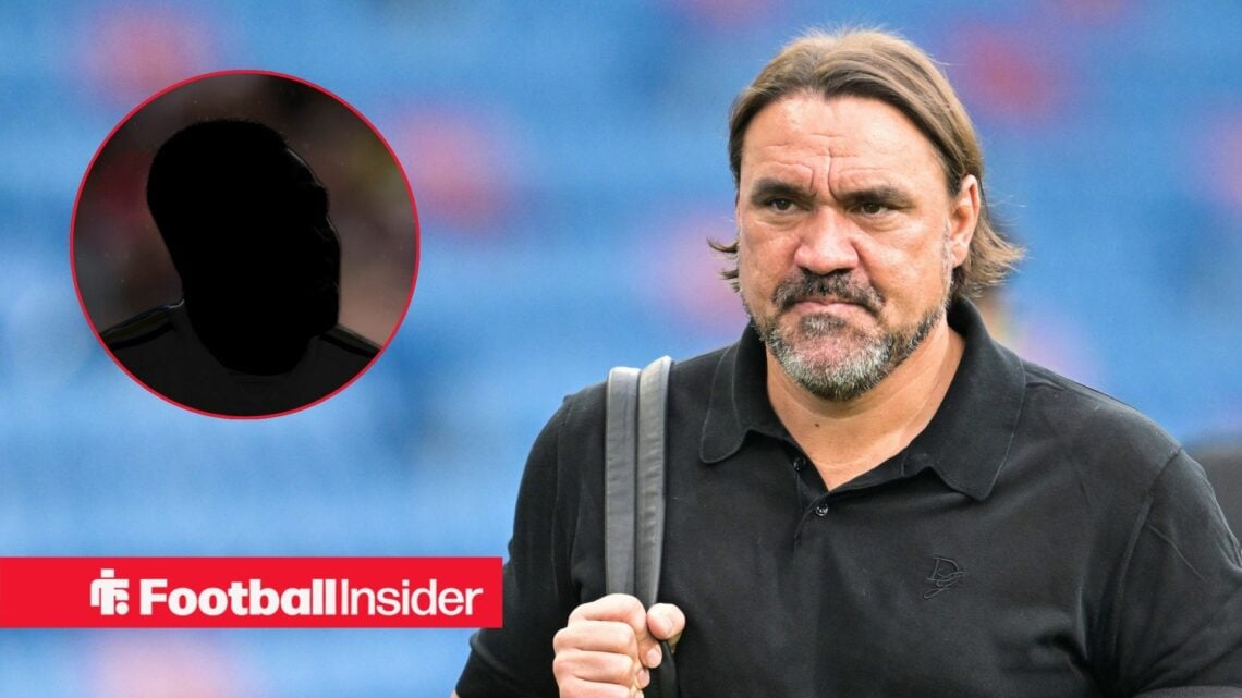 Wilfried Gnonto's silhouette on the left with Daniel Farke looking serious on the right