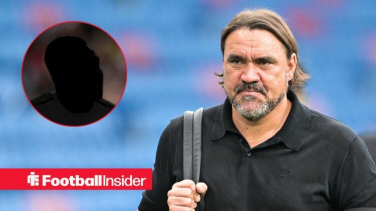 Wilfried Gnonto's silhouette on the left with Daniel Farke looking serious on the right