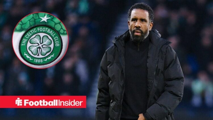 Wilfried Nancy stands during a game, as the Celtic badge features in a circular inset.