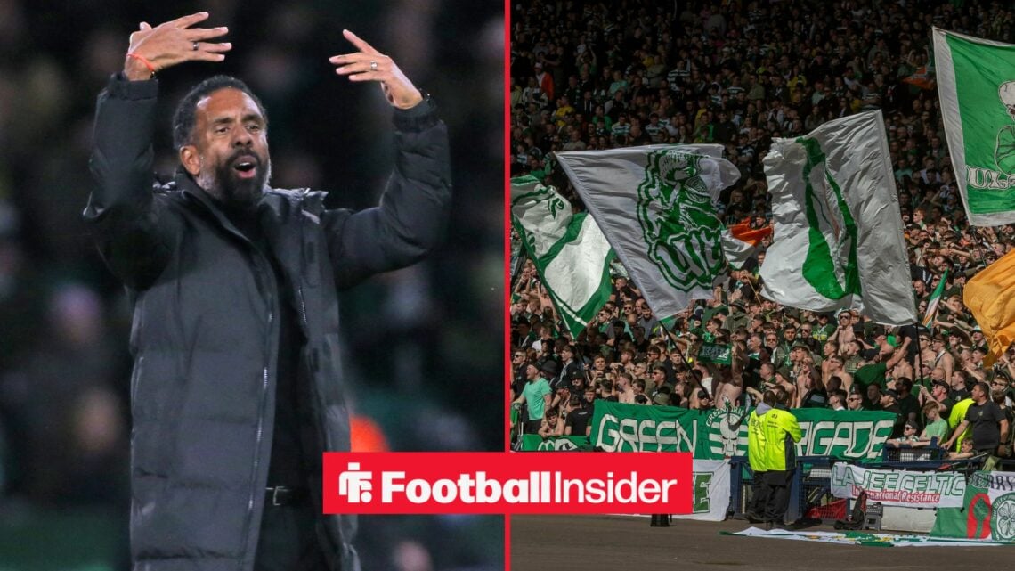 A split image as Wilfried Nancy waves his arms in the left half, as Celtic fans wave flags on the right.