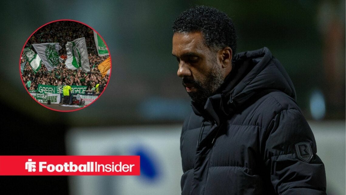 Celtic manager Wilfried Nancy hangs his head as the fans wave flags in a circular inset.