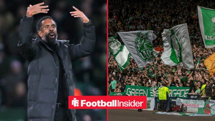 A split image as Wilfried Nancy waves his arms in the left half, as Celtic fans wave flags on the right.