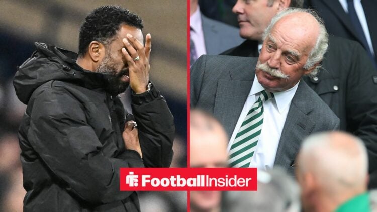 Wilfried Nancy on the sidelines at Celtic, with Dermot Desmond in the stands