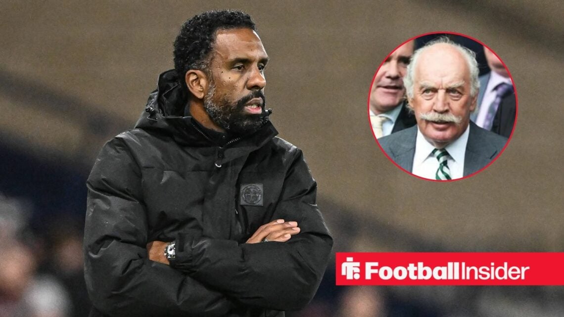 Wilfried Nancy in a Celtic jacket with Dermot Desmond included in a circular inset