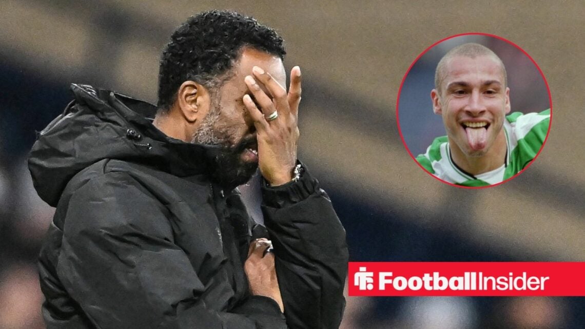 Celtic manager Wilfried Nancy has his head in his hands, as Henrik Larsson celebrates a goal in a circular inset.