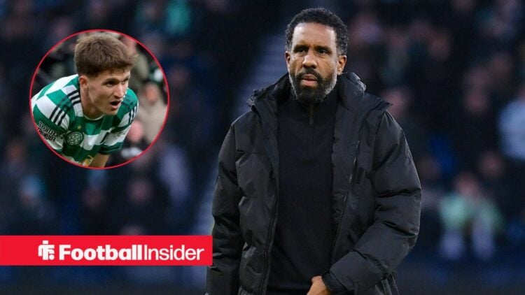 Celtic manager Wilfried Nancy glances towards a circular inset, where striker Johnny Kenny looks bemused.