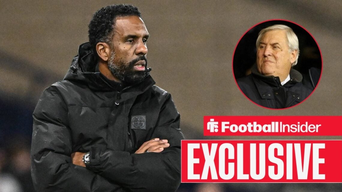 Football Insider exclusive as Celtic manager Wilfried Nancy crosses his arms, while ex-FIFA referee Keith Hackett features in a circular inset.