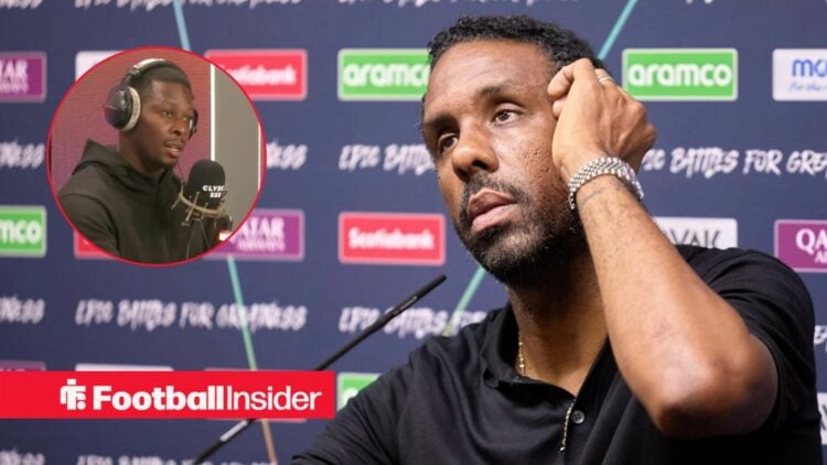 Celtic manager Wilfried Nancy sits in a press conference, as Livingston coach Marvin Bartley features in a circular inset.