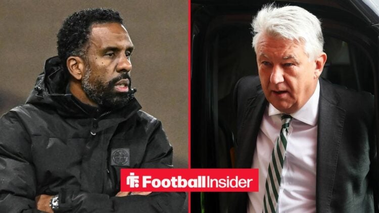 Wilfried Nancy on the sidelines at Celtic, with Peter Lawwell in the stands