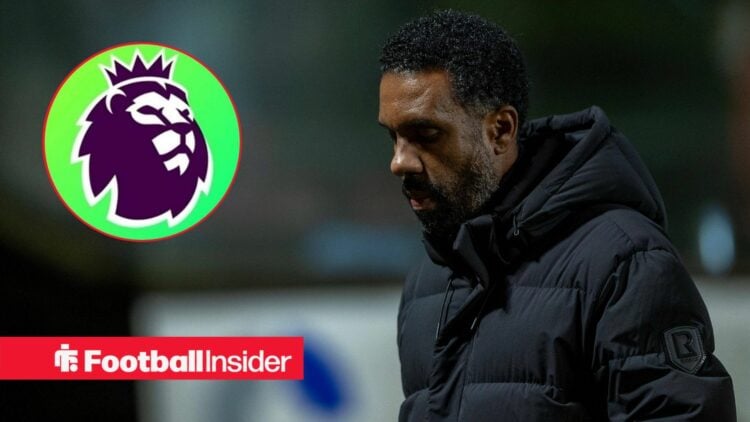 Celtic manager Wilfried Nancy stares at the floor as the Premier League logo features in a circular inset.