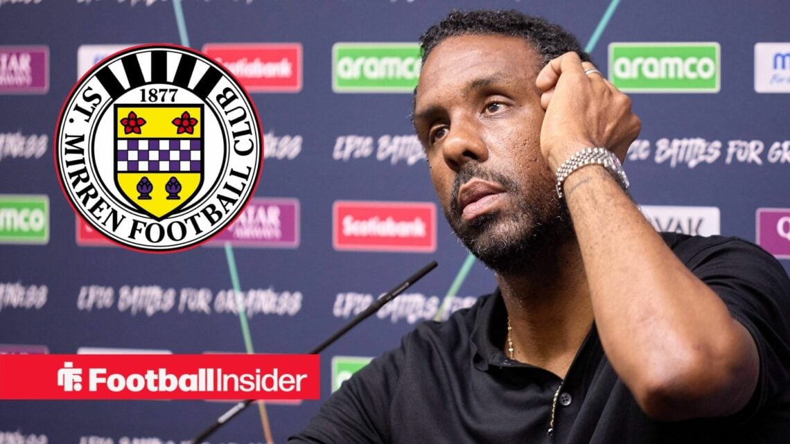 Wilfried Nancy in a press conference, St Mirren badge