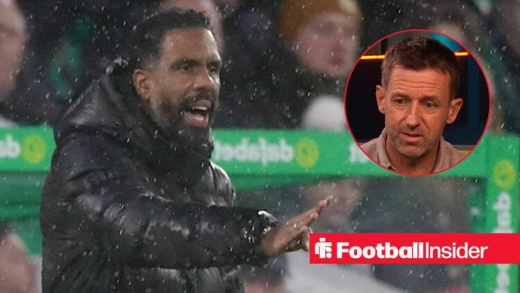 Wilfried Nancy shouting for Celtic on the left with Neil McCann on the right