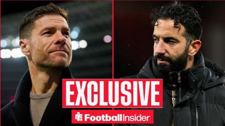 Xabi Alonso looking focused on the left for Real Madrid with Ruben Amorim serious on the right for Man United