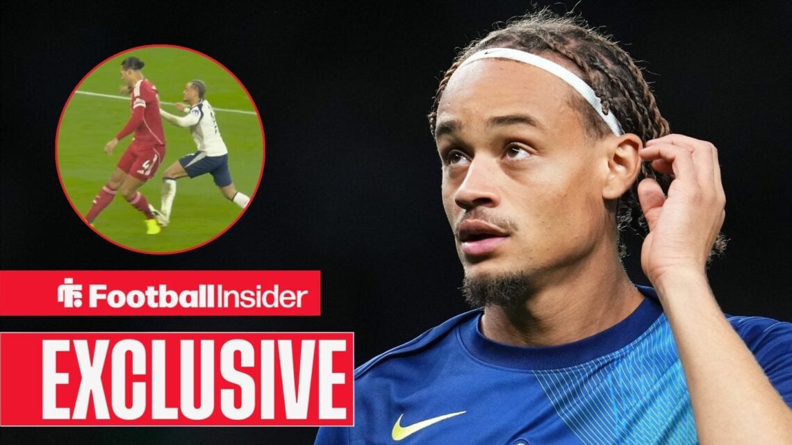 Xavi Simons playing for Tottenham, red-card challenge in a circular inset