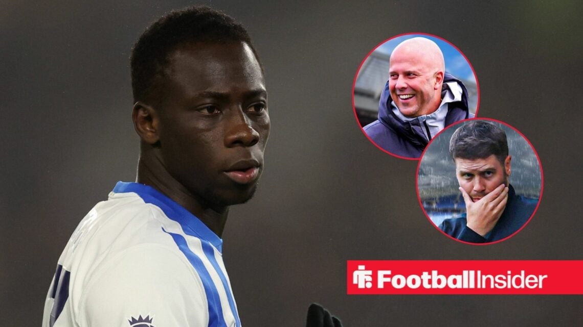 Yankuba Minteh in action during a game for Brighton, as Fabian Hurzeler and Liverpool manager Arne Slot feature in circular insets.