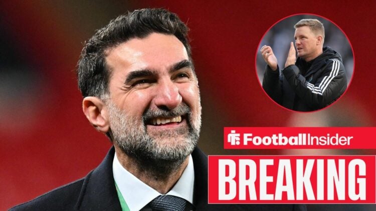 Yasir Al-Rumayyan smiling with Eddie Howe included in a circular inset