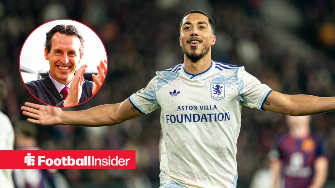 Aston Villa star Youri Tielemans celebrates a goal, as manager Unai Emery applauds in a circular inset.