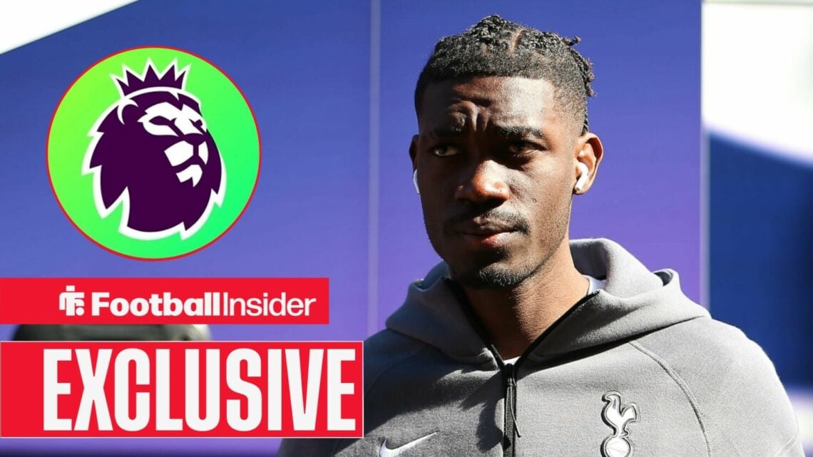 Football Insider exclusive as Yves Bissouma arrives at a game for Tottenham, while the Premier League badge features in a circular inset.