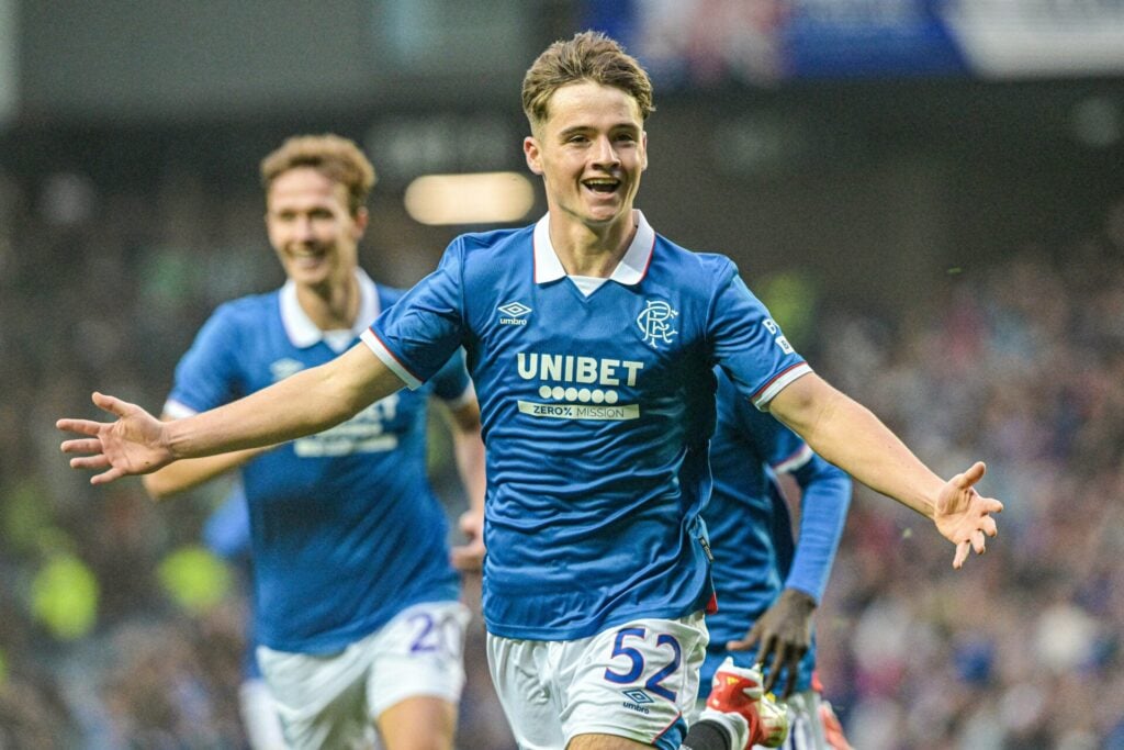 Rangers winger Findlay Curtis celebrates scoring against Panathinaikos.
