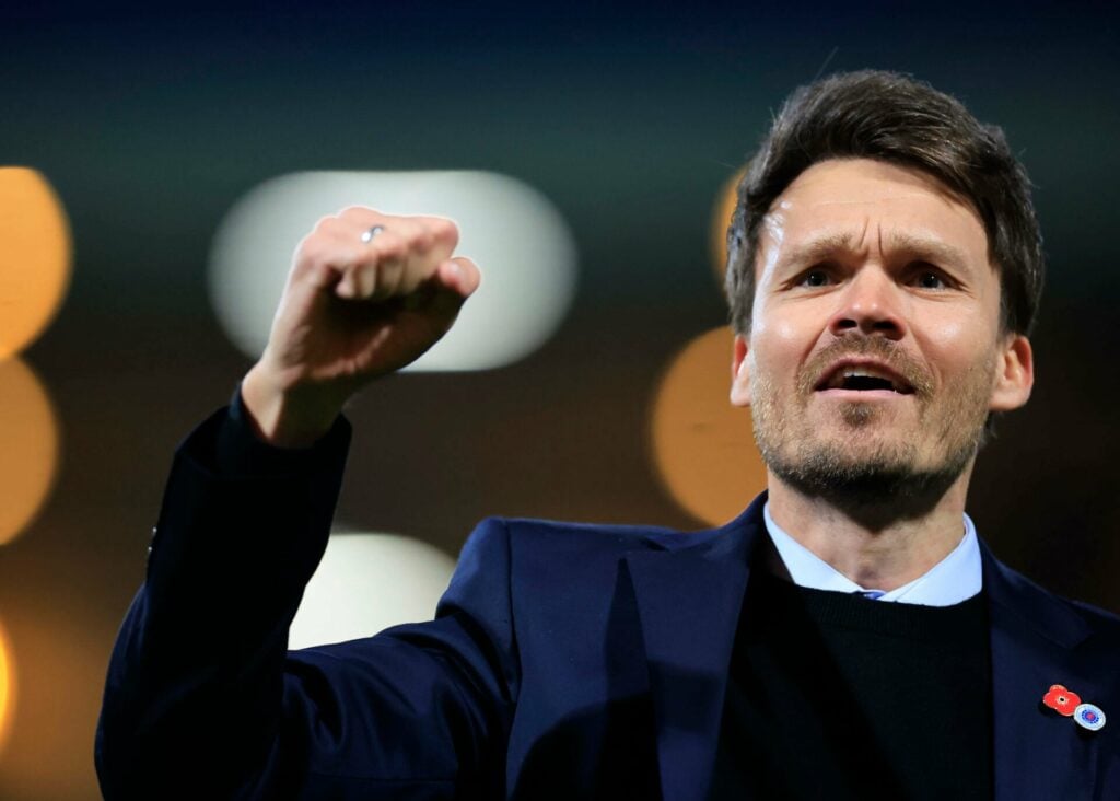 Rangers manager Danny Rohl punches the air.