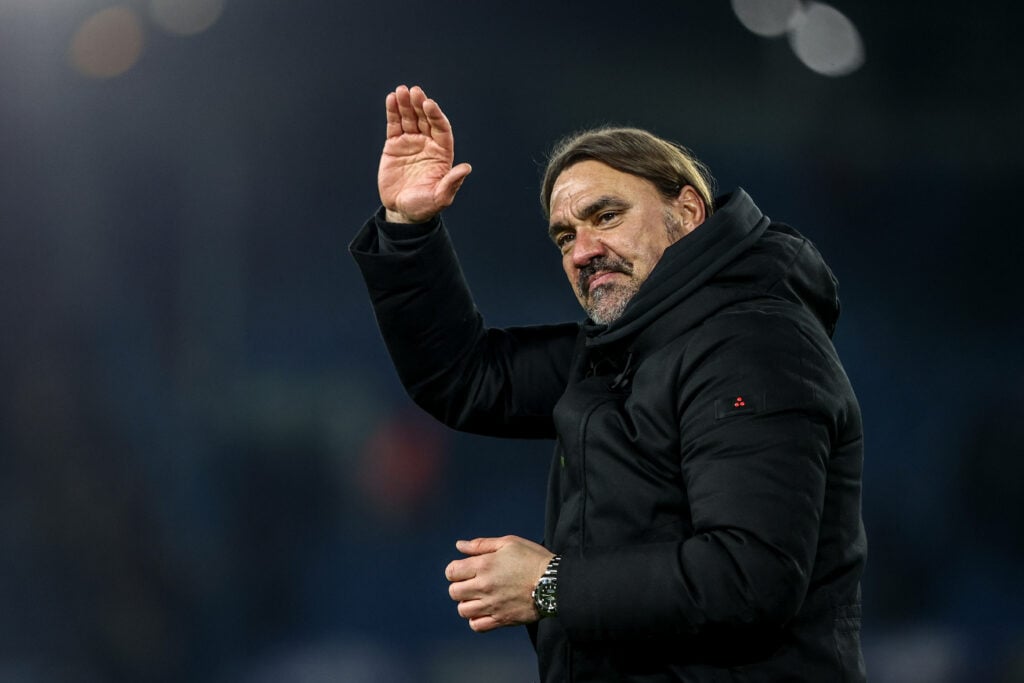 Leeds United manager Daniel Farke waves after a game.