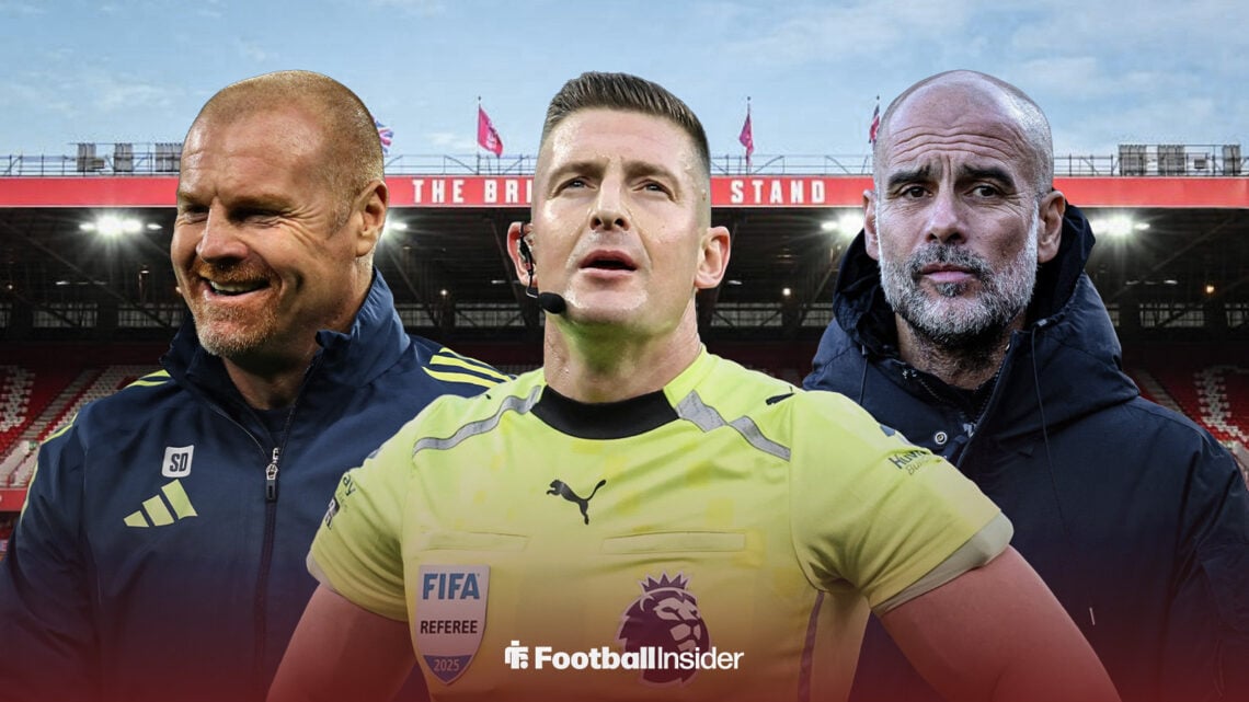 Rob Jones, with Pep Guardiola and Sean Dyche either side at the City Ground