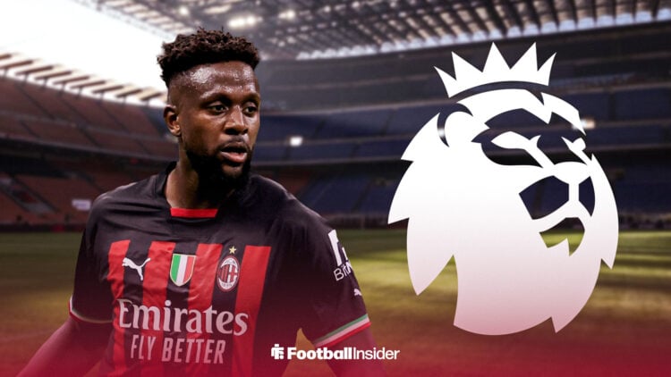 Divock Origi in action during a game for AC Milan, as he stares towards the Premier League badge in the right of the image.