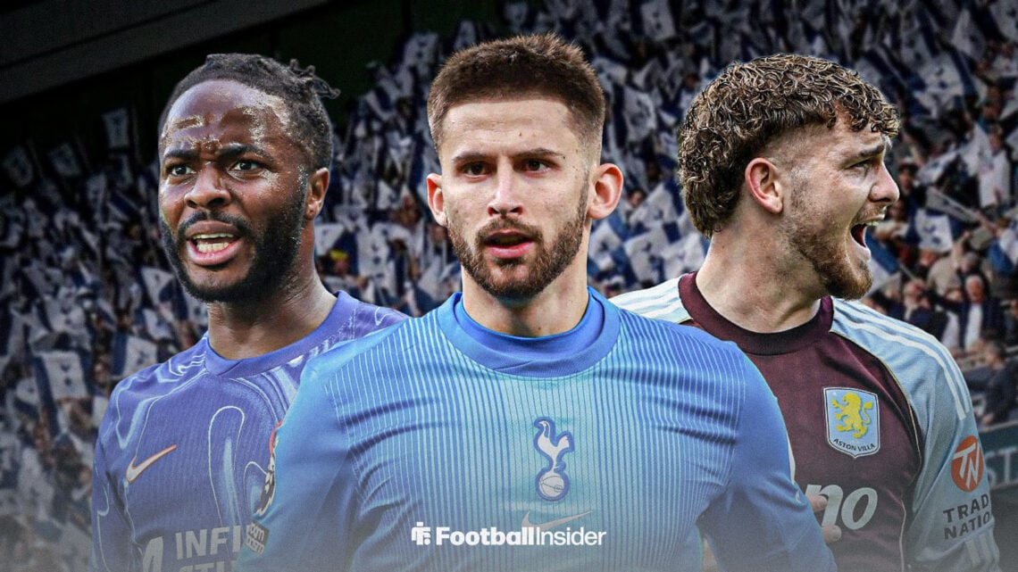 Tottenham goalkeeper Guglielmo Vicario, Chelsea star Raheem Sterling and Aston Villa loanee Harvey Elliott in action at the Tottenham Hotspur Stadium.