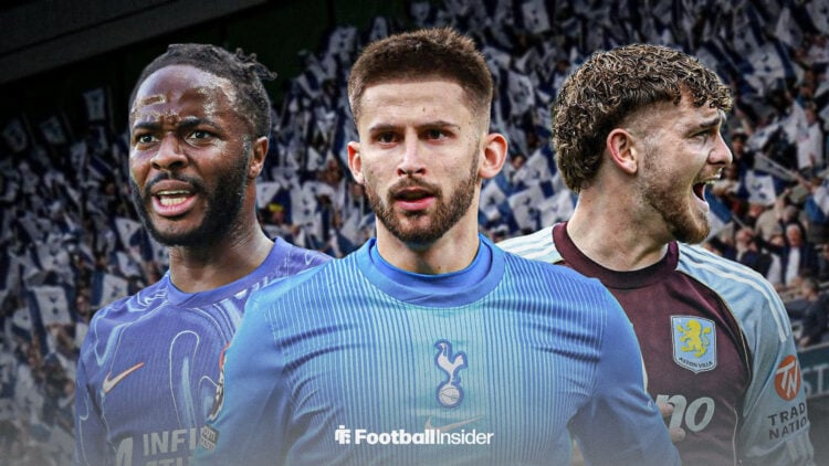 Tottenham goalkeeper Guglielmo Vicario, Chelsea star Raheem Sterling and Aston Villa loanee Harvey Elliott in action at the Tottenham Hotspur Stadium.