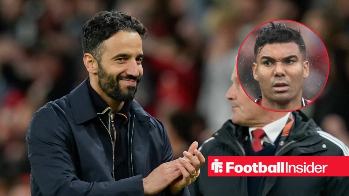 Manchester United manager Ruben Amorim smiles with Casemiro inset